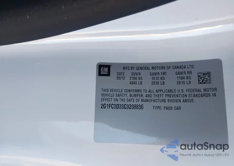 2012 Chevrolet Camaro 2Lt z USA, uszkodzony, nr VIN 2G1FC3D33C9208836